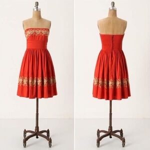 Anthropologie Around The Maypole Strapless Mini Dress‎ 0 Red Embroidered Chic